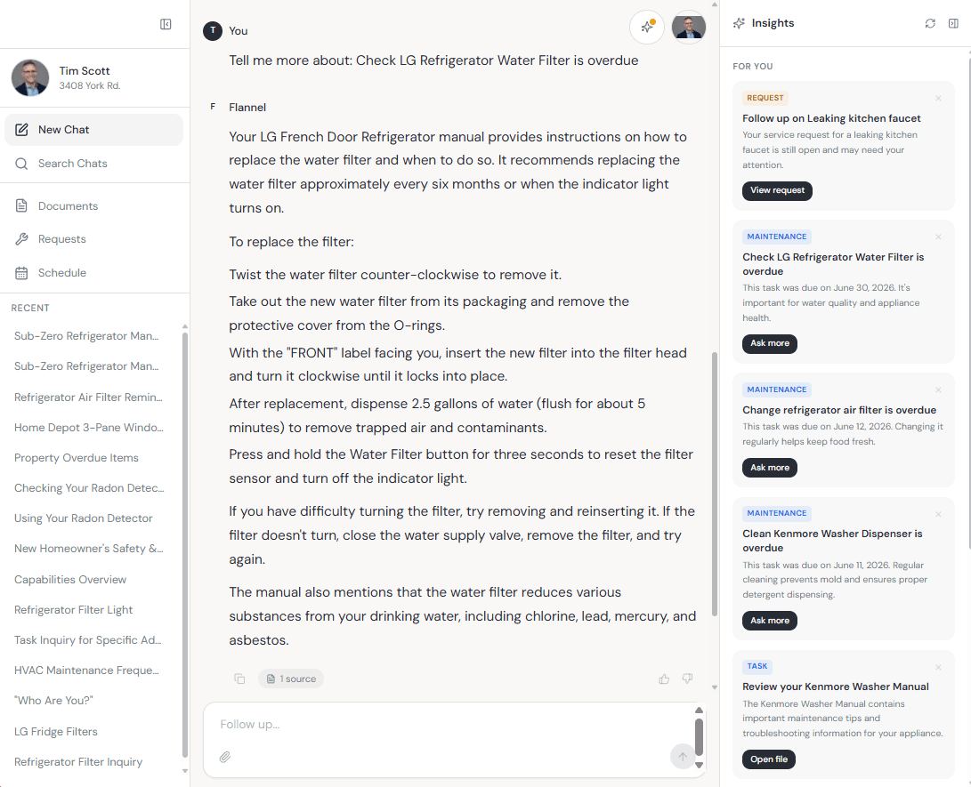 The Flannel.ai app answering a homeowner's question about their refrigerator water filter, citing their own uploaded manual, with live insights alongside — maintenance due, an open service request, and a task to review