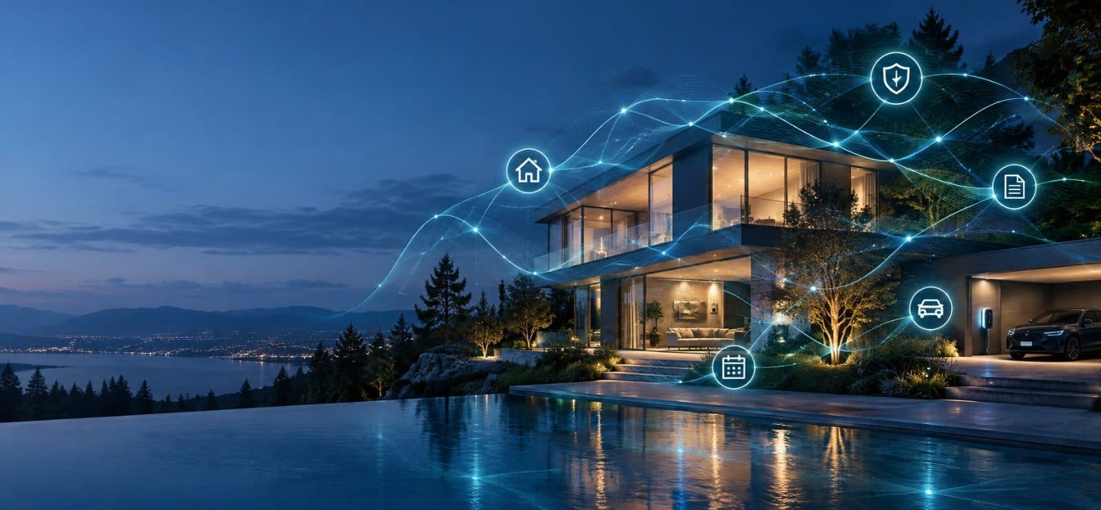 A modern hillside home at dusk, glowing network lines linking its records — home, insurance, schedule, documents and vehicles